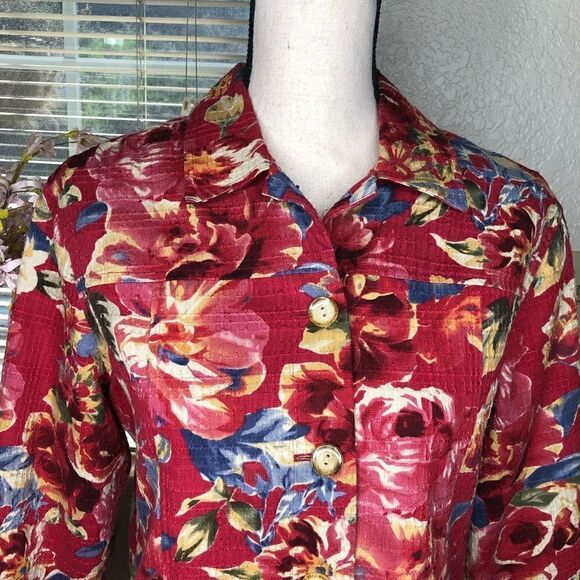 Coldwater Creek Red Floral Print Cotton Cottagecore Jacket Size PM - Picture 2 of 14